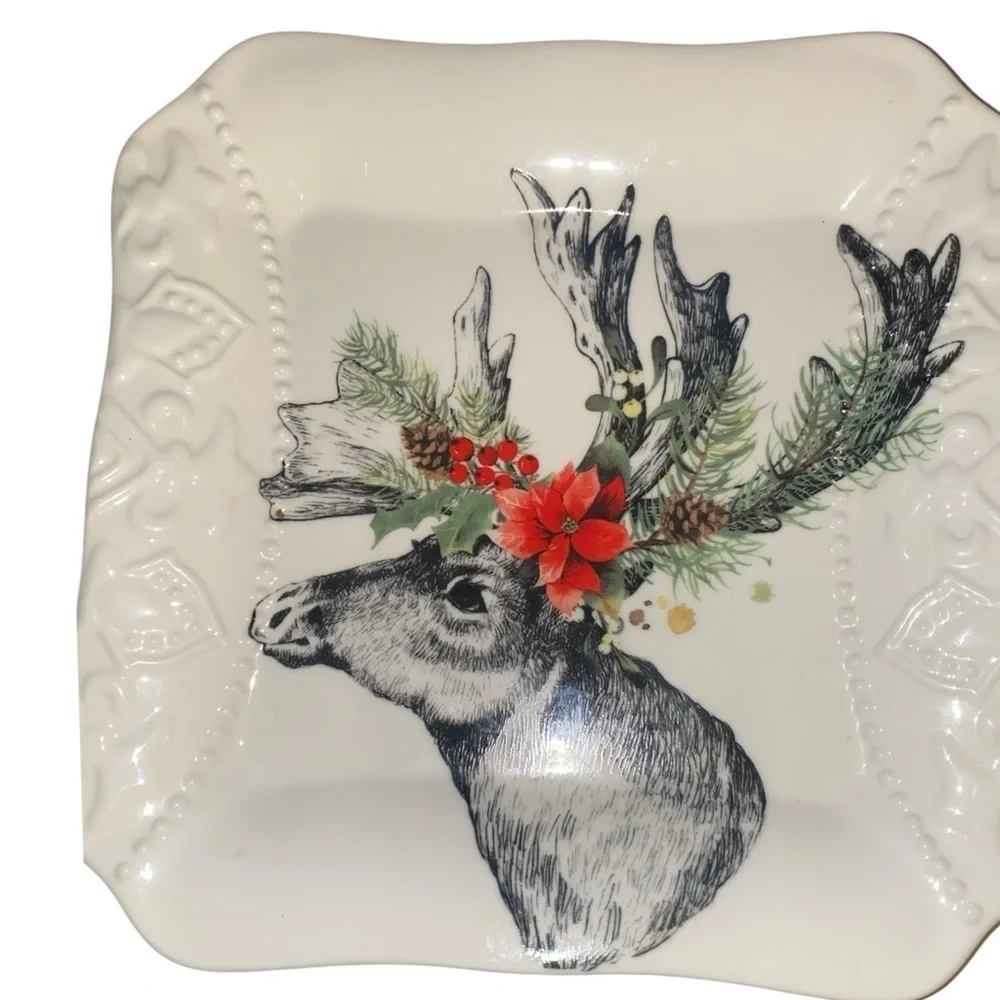 Furry Christmas Reindeer Stag Deer Caribou Poinsettia Ceramic Salad Plate 7.5in